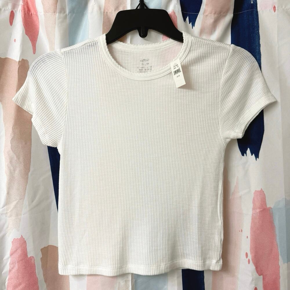 Aerie White Cropped Textured Waffle Baby Tee Scalloped Short Sleeves Size XS